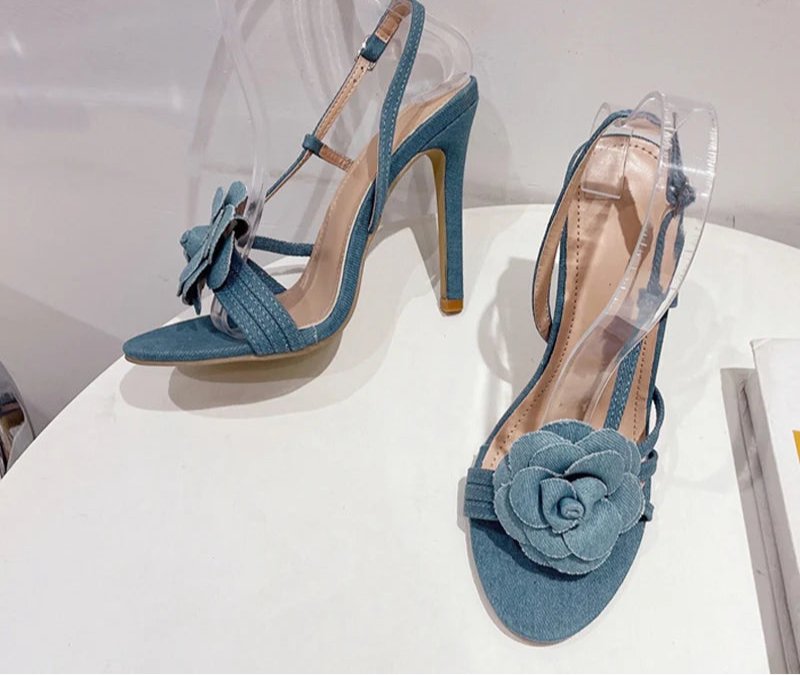 Blue Denim Buckle Strap Heels