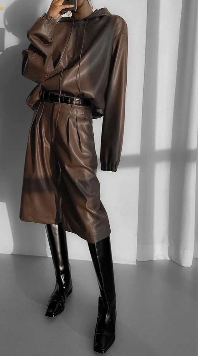 Hooded Brown Pu Leather Pants Set