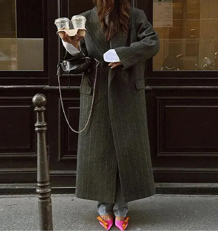 Casual Pinstriped Lapel Overcoat