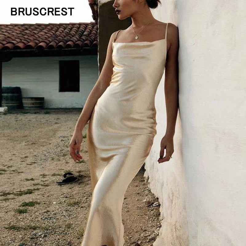 Vintage Boho Satin Spaghetti Strap Dress