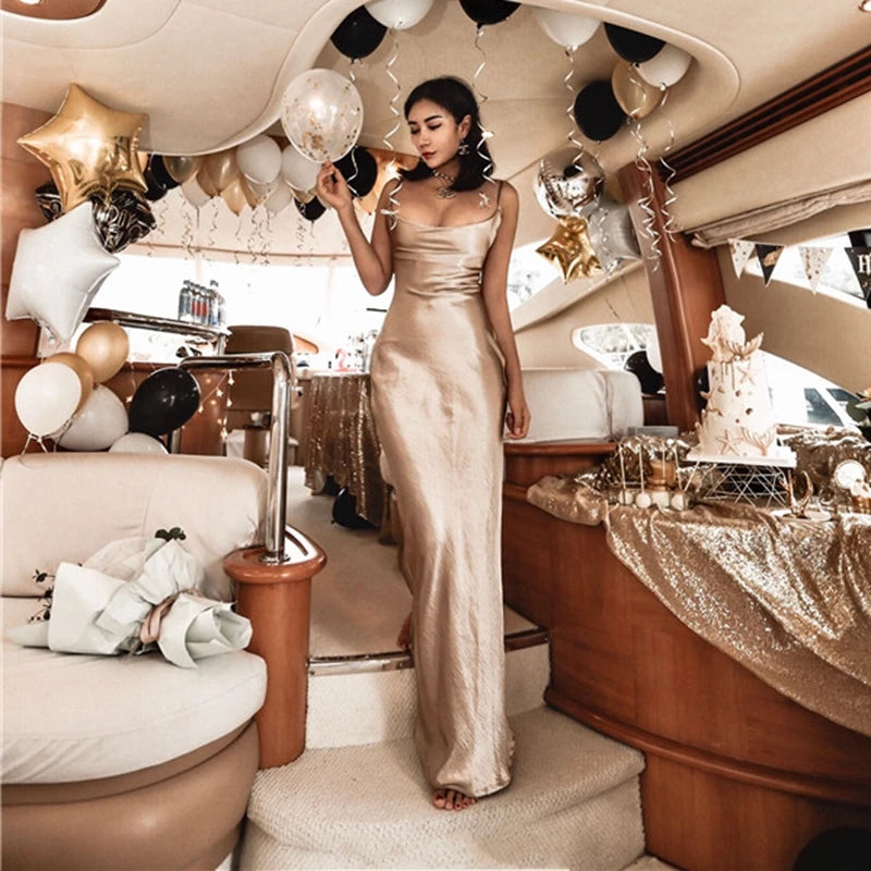 Vintage Boho Satin Spaghetti Strap Dress