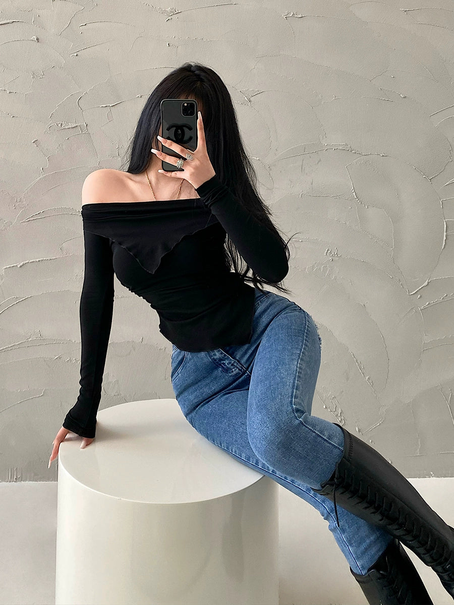 Cuffed off-Shoulder Slim Long Sleeve Top