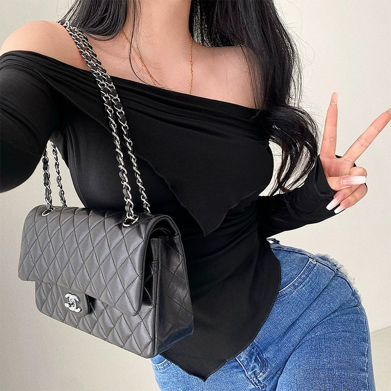 Cuffed off-Shoulder Slim Long Sleeve Top