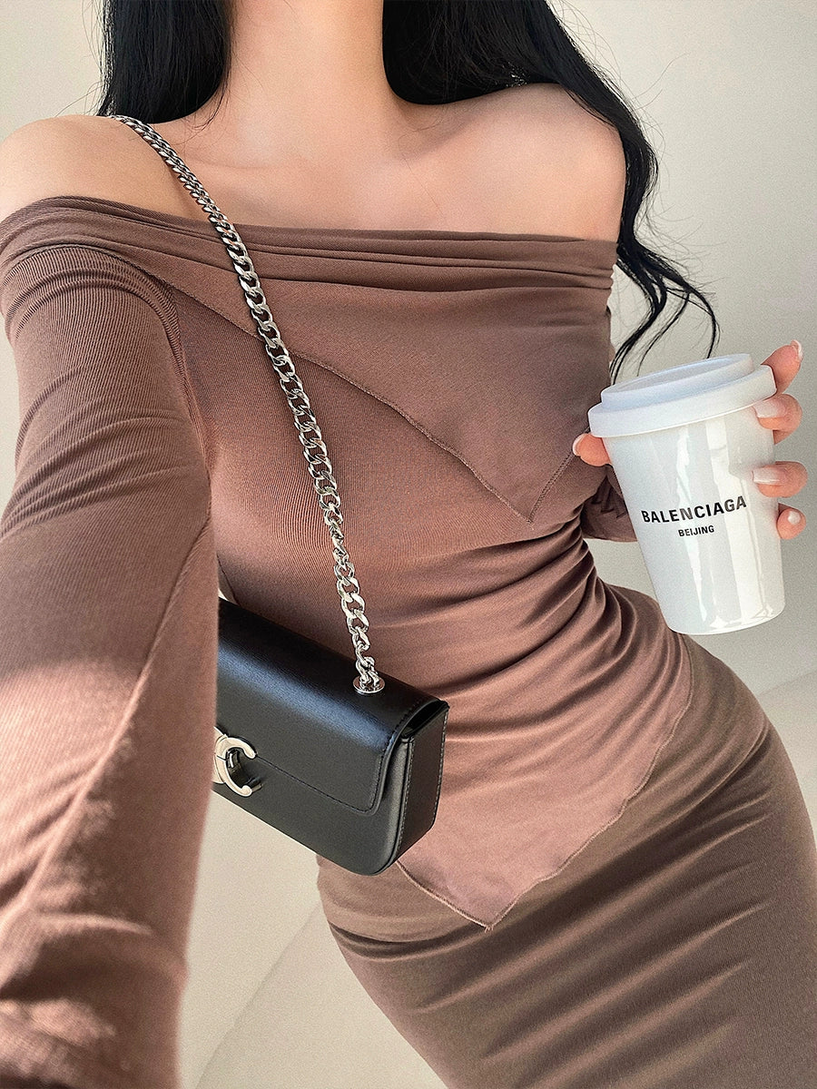 Cuffed off-Shoulder Slim Long Sleeve Top