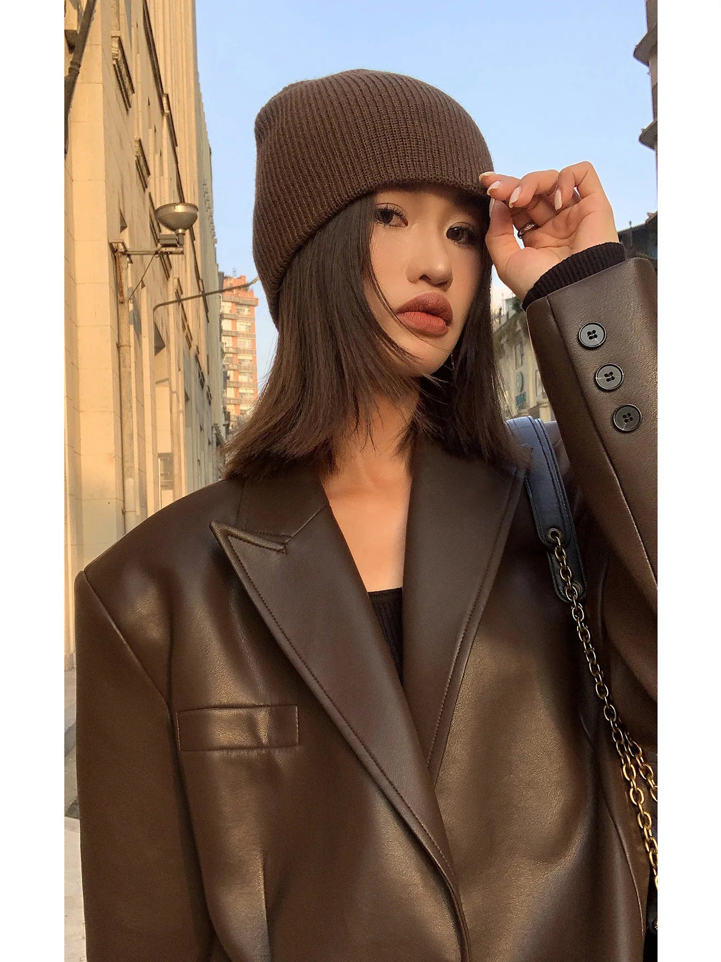 PU Leather Soft Brown Blazer