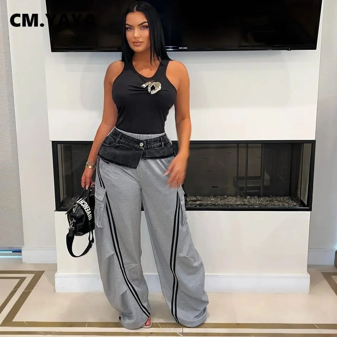 CM.YAYA Denim Pocket Wide Leg Jogger