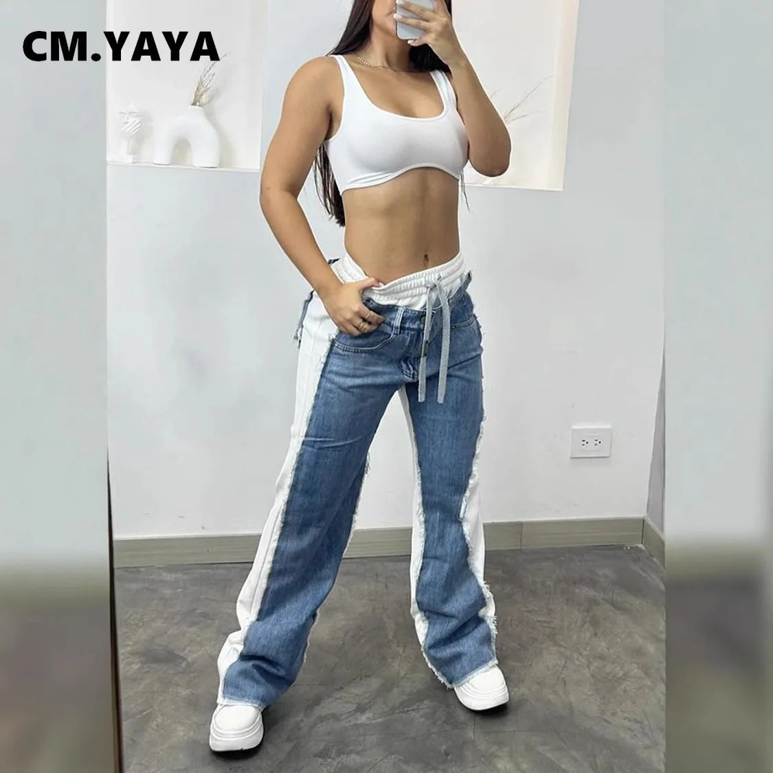Drawstring Wide Leg Denim Jogger Pants