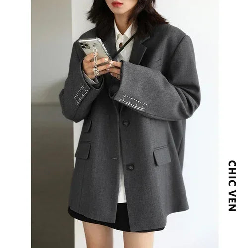 Boring Wide Shoulder Embroidery Cuff Blazer