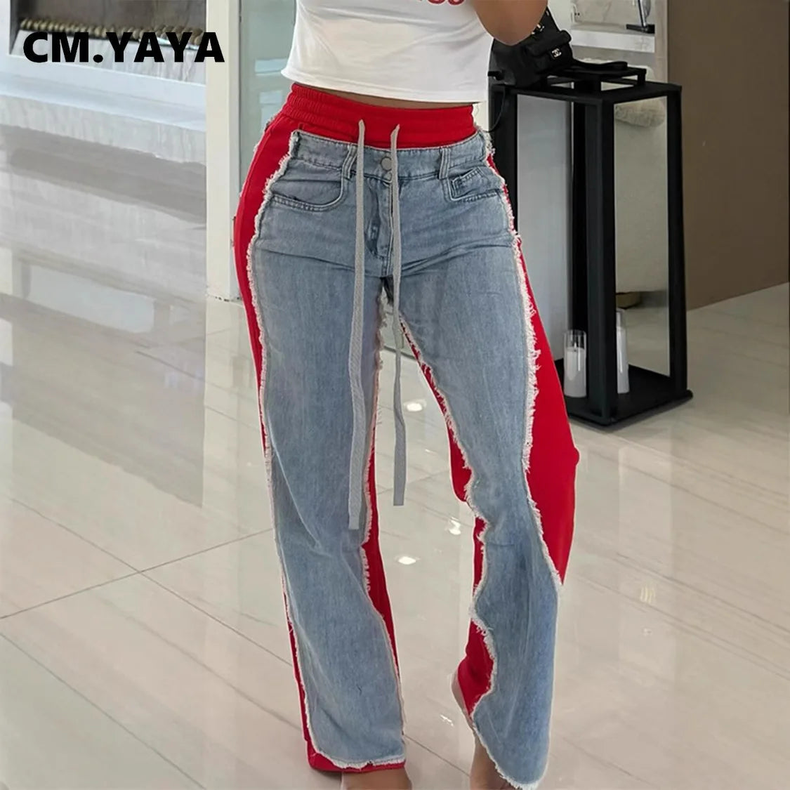 Drawstring Wide Leg Denim Jogger Pants