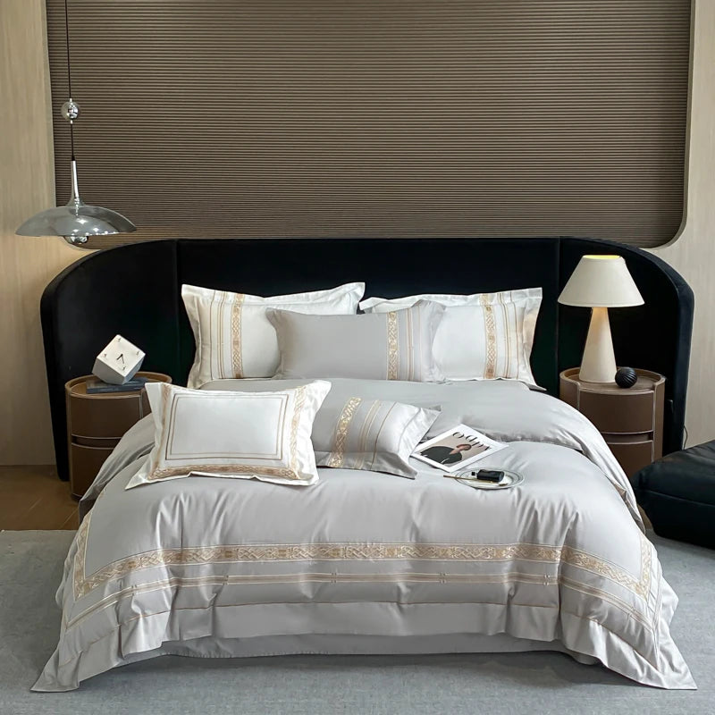 Luxury White Gold Embroidery Hotel Style Bedding