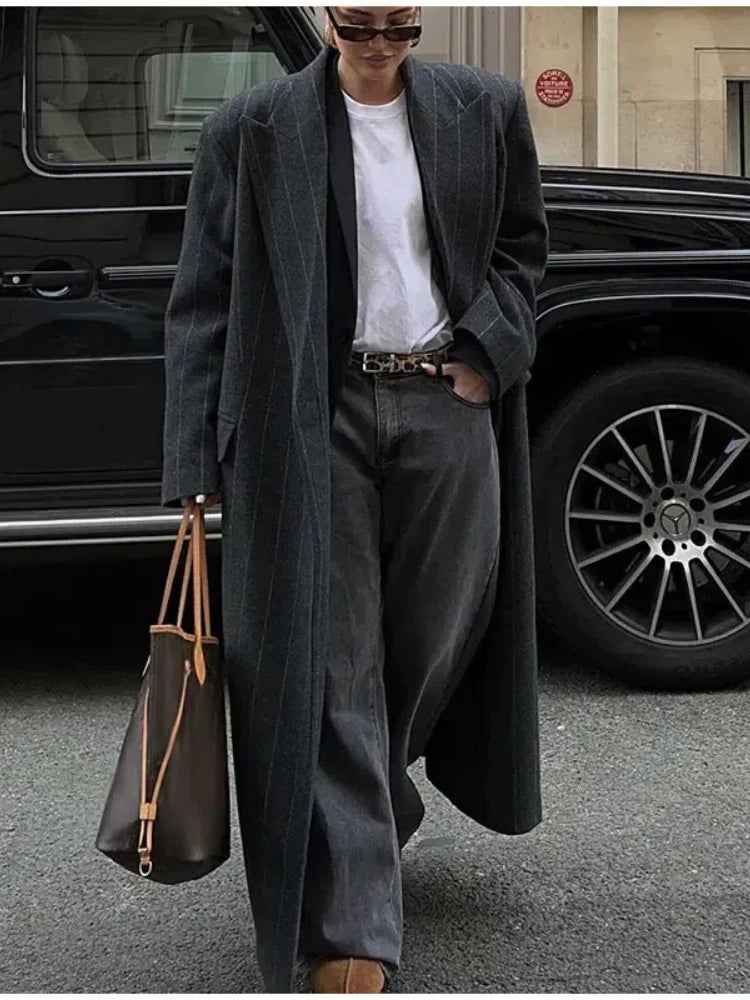 Casual Pinstriped Lapel Overcoat
