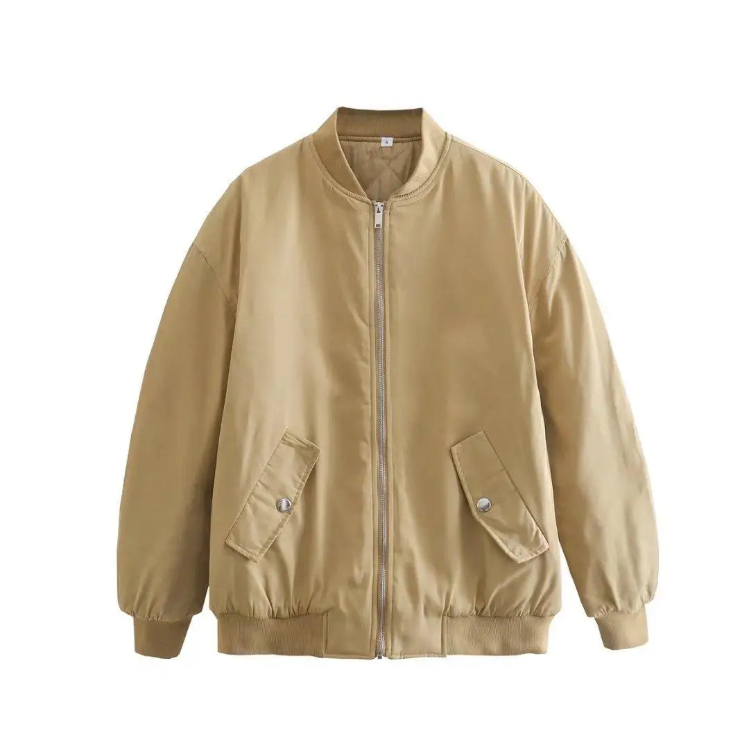 Retro Oversized Solid Zipper Casual Loose Bomber Jacket