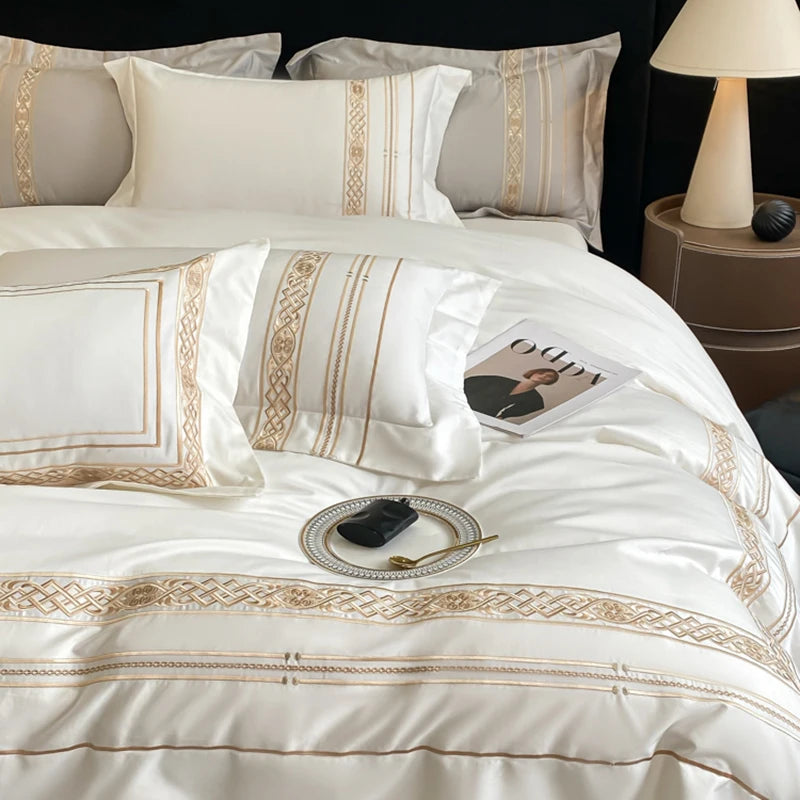 Luxury White Gold Embroidery Hotel Style Bedding