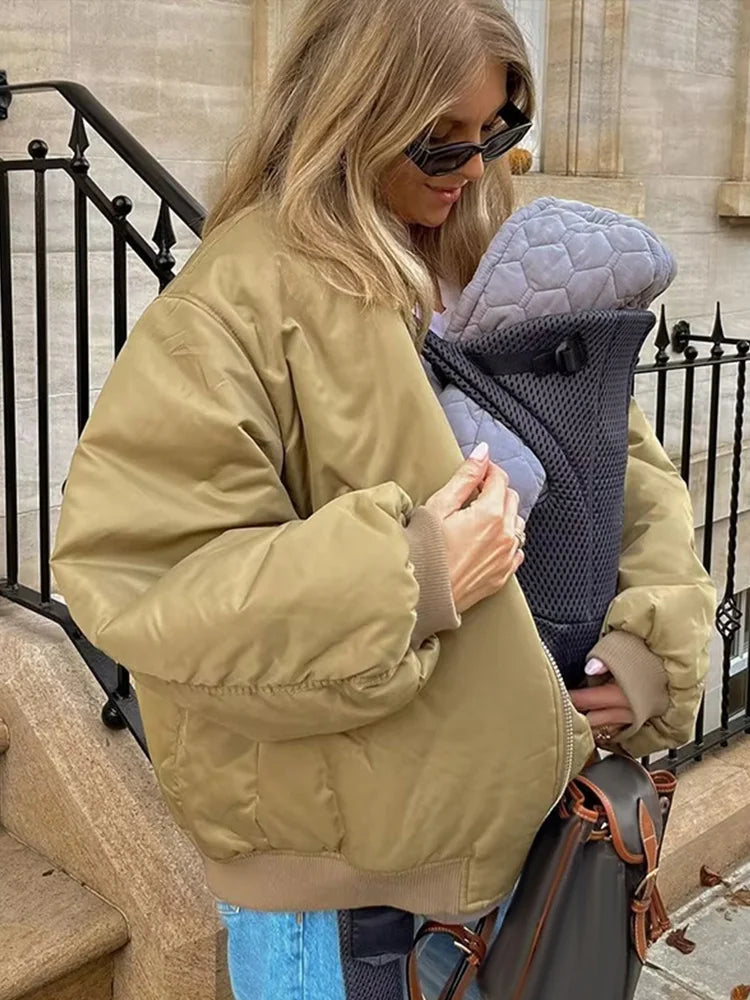 Retro Oversized Solid Zipper Casual Loose Bomber Jacket