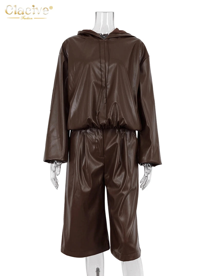 Hooded Brown Pu Leather Pants Set