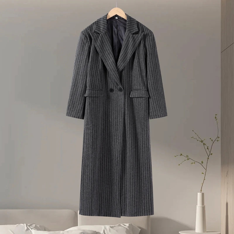 Casual Pinstriped Lapel Overcoat