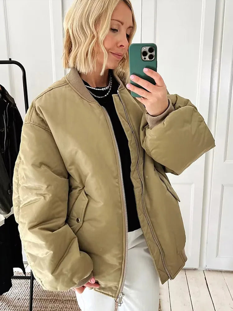 Retro Oversized Solid Zipper Casual Loose Bomber Jacket