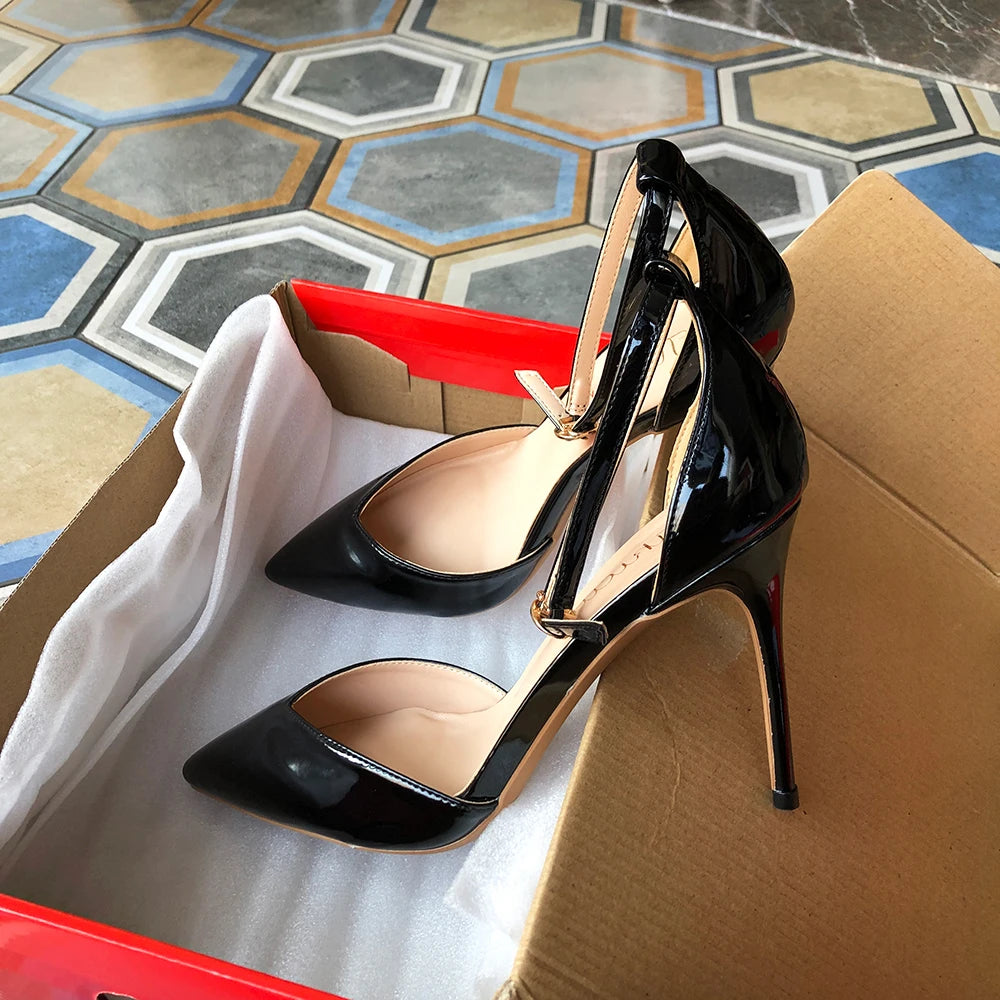 V Cut Glosssy Black Pointy Toe Ankle Strap Heels