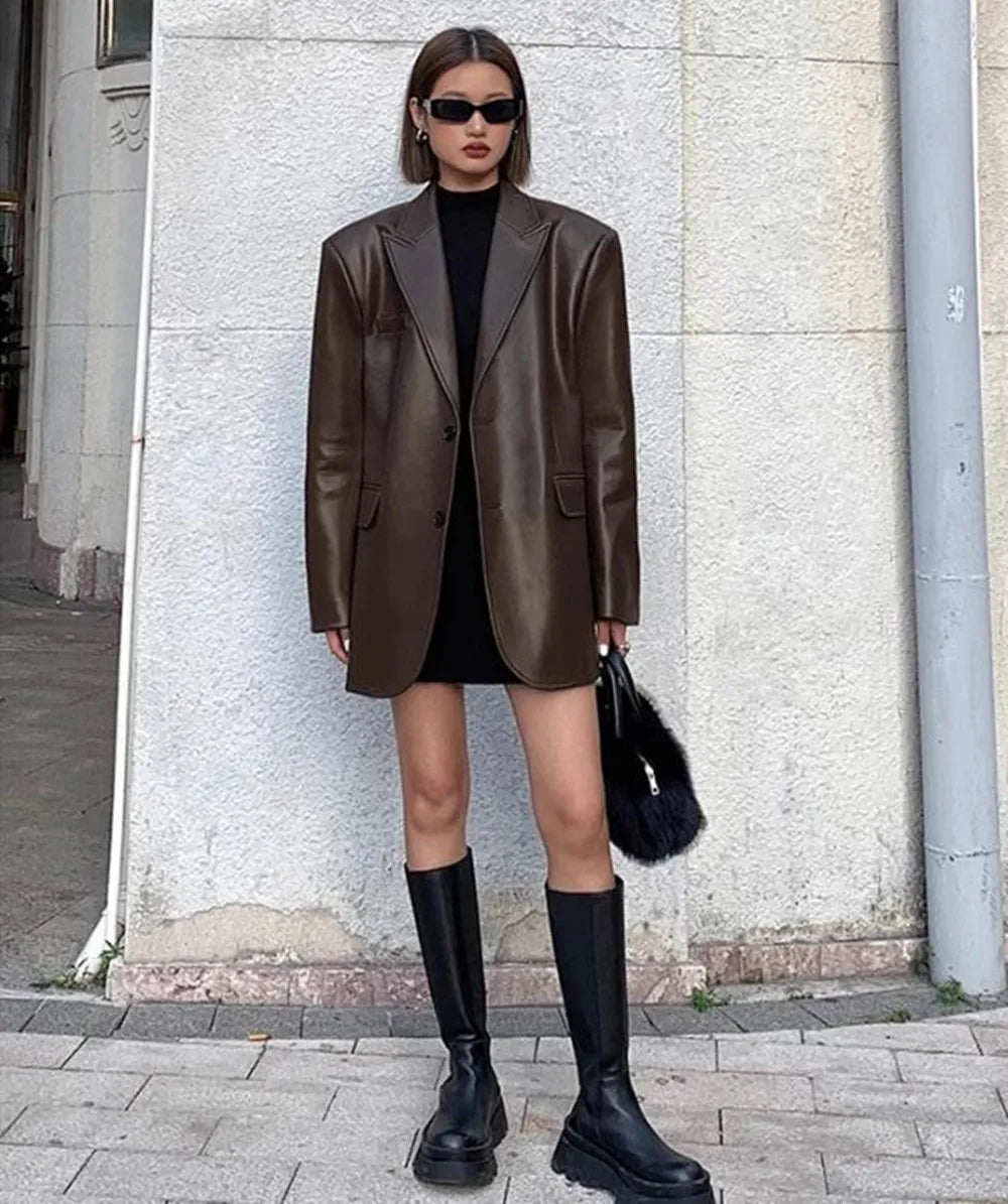 PU Leather Soft Brown Blazer