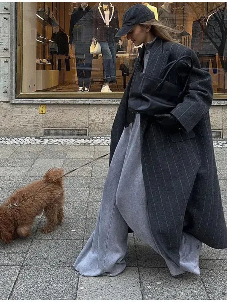 Casual Pinstriped Lapel Overcoat