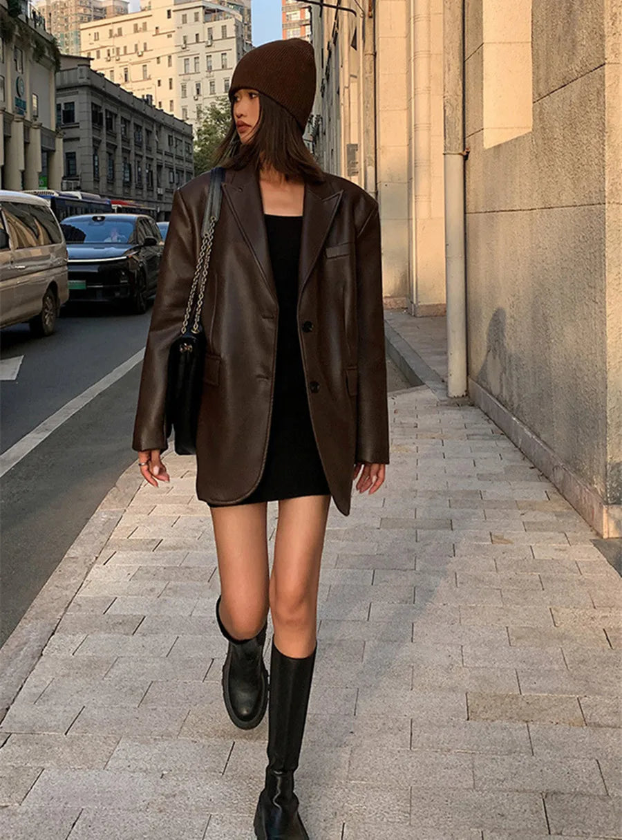 PU Leather Soft Brown Blazer