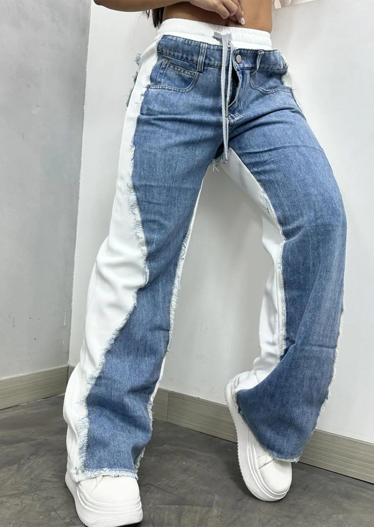 Drawstring Wide Leg Denim Jogger Pants