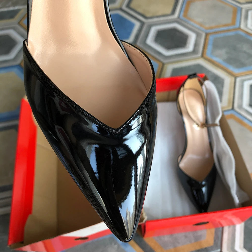 V Cut Glosssy Black Pointy Toe Ankle Strap Heels