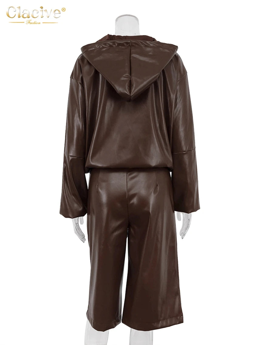 Hooded Brown Pu Leather Pants Set