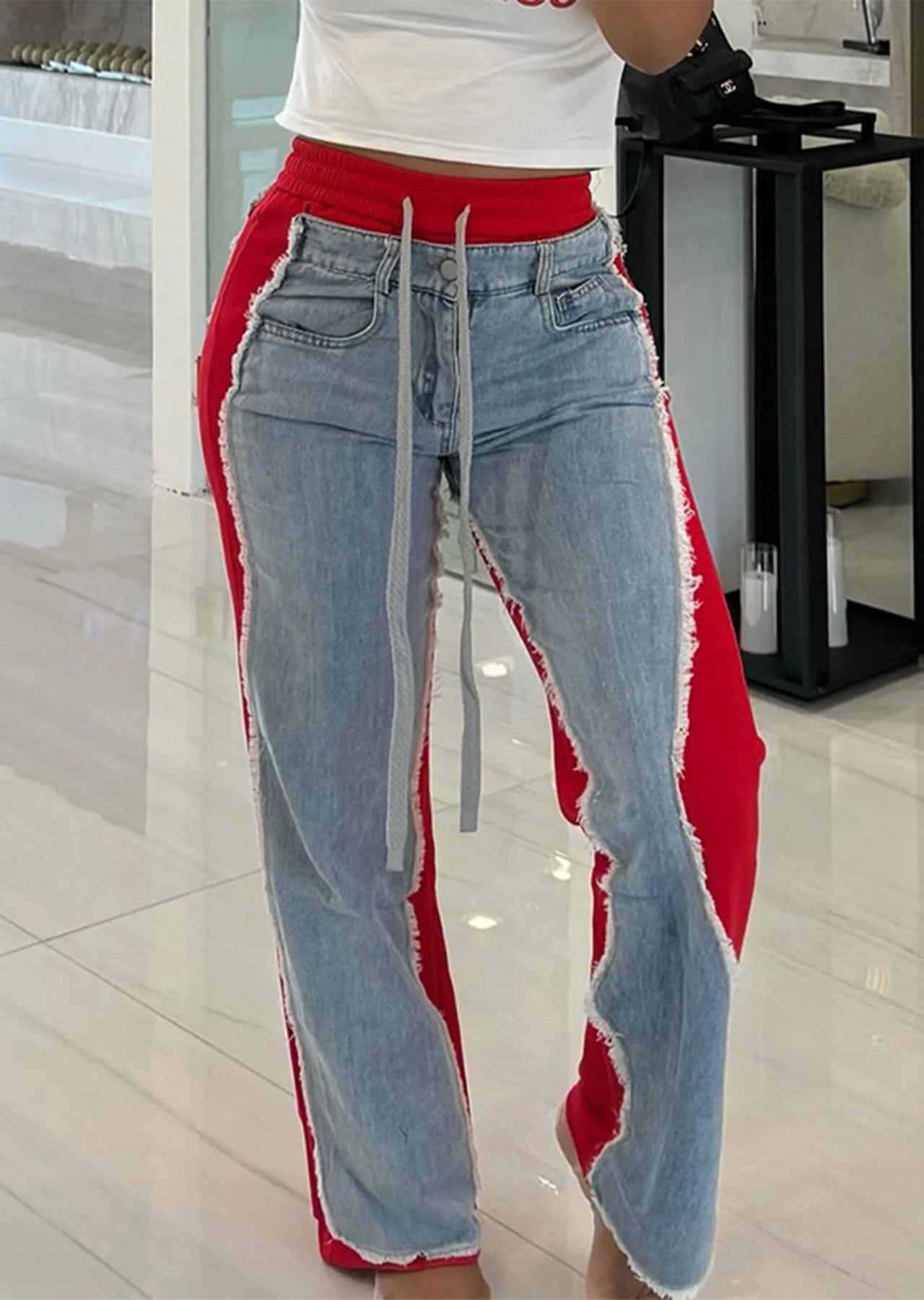 Drawstring Wide Leg Denim Jogger Pants