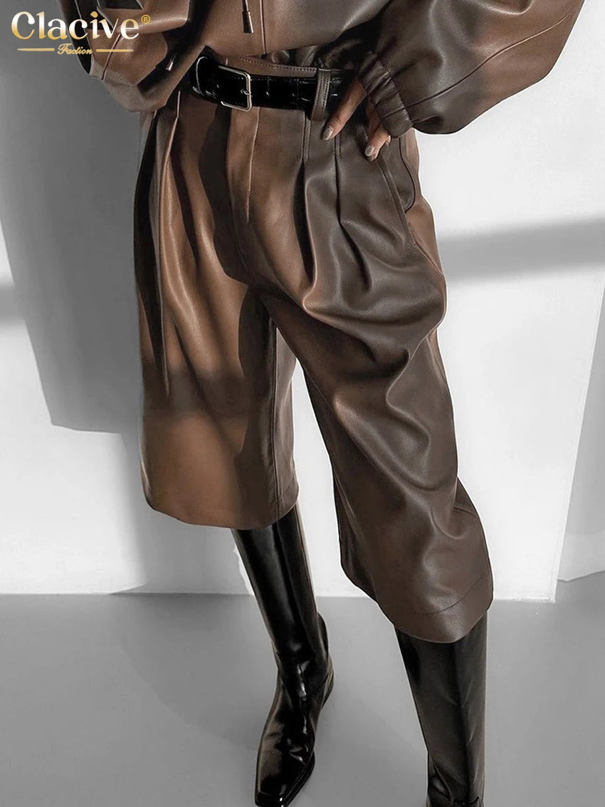 Hooded Brown Pu Leather Pants Set