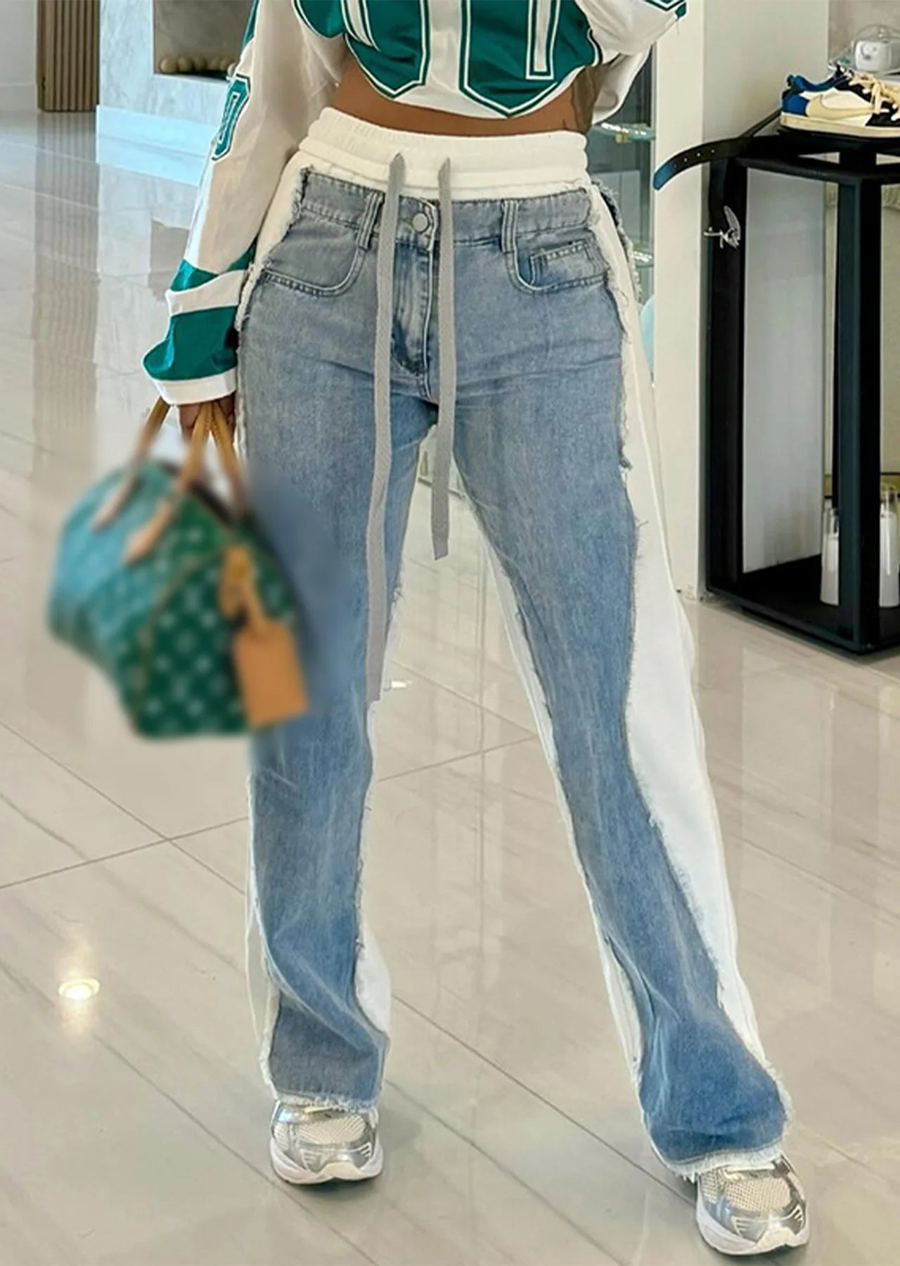 Drawstring Wide Leg Denim Jogger Pants