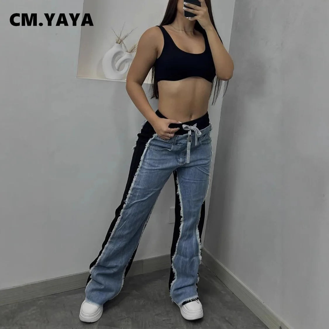 Drawstring Wide Leg Denim Jogger Pants