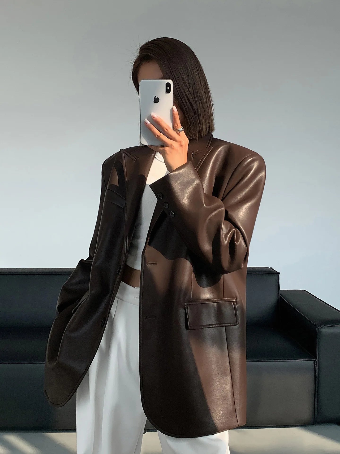 PU Leather Soft Brown Blazer