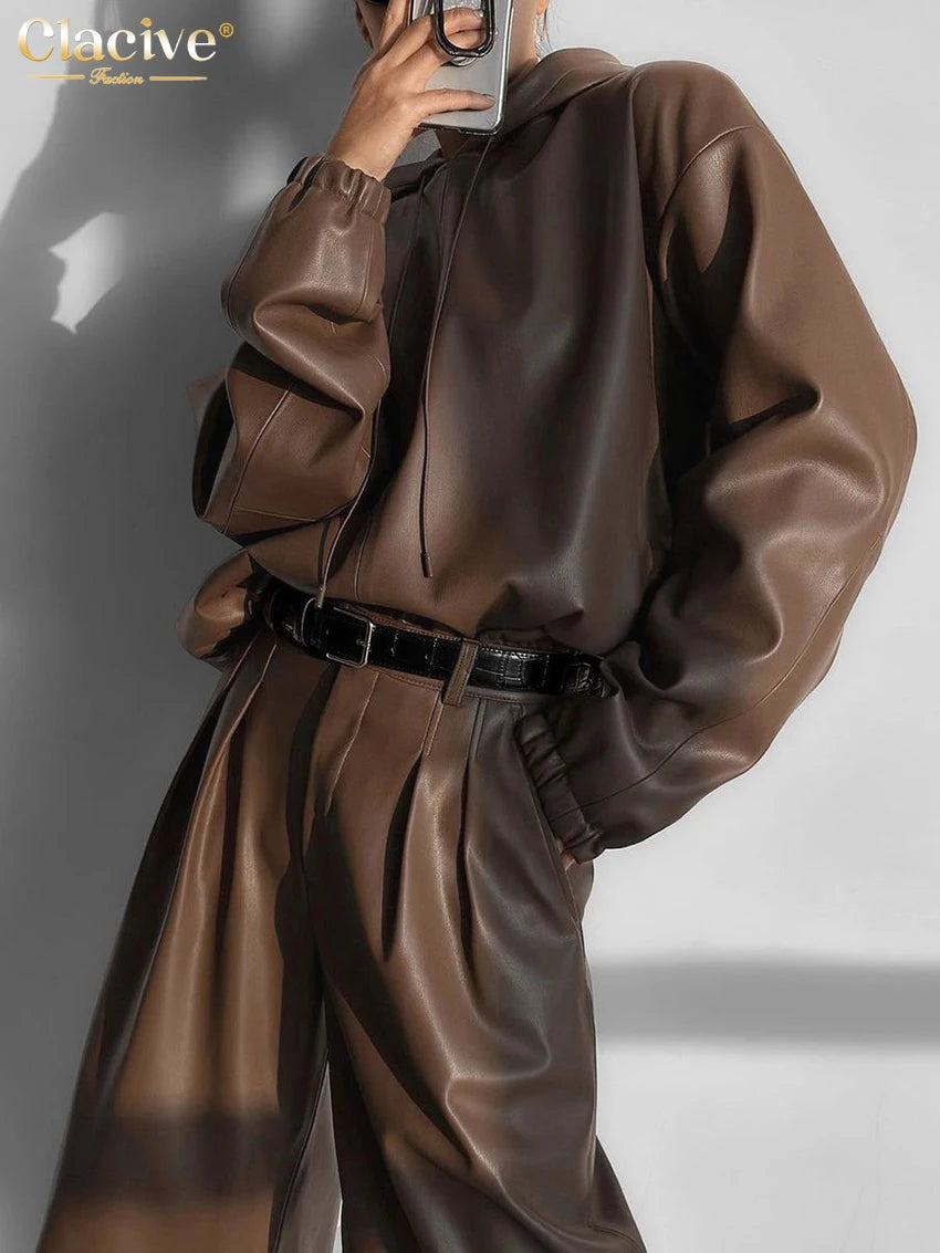 Hooded Brown Pu Leather Pants Set