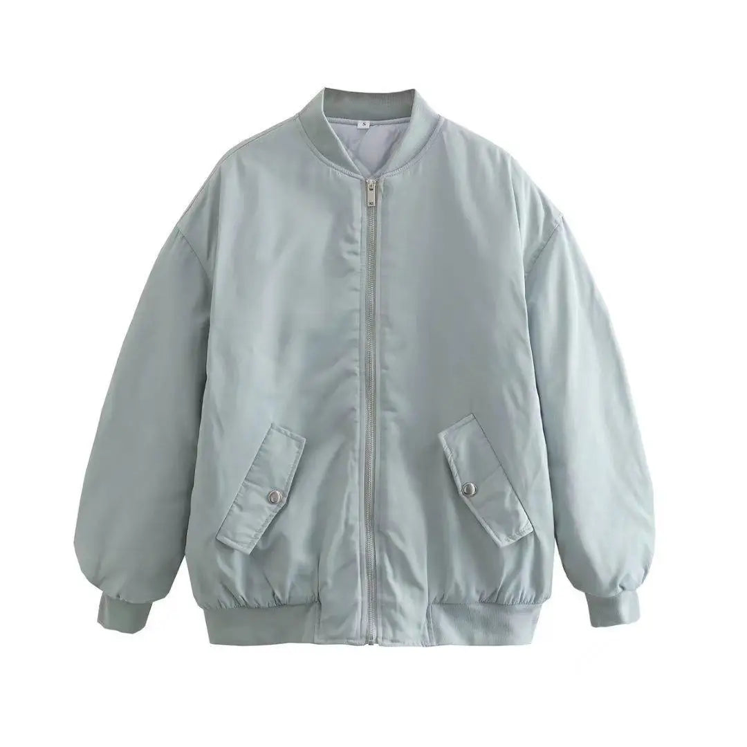 Retro Oversized Solid Zipper Casual Loose Bomber Jacket