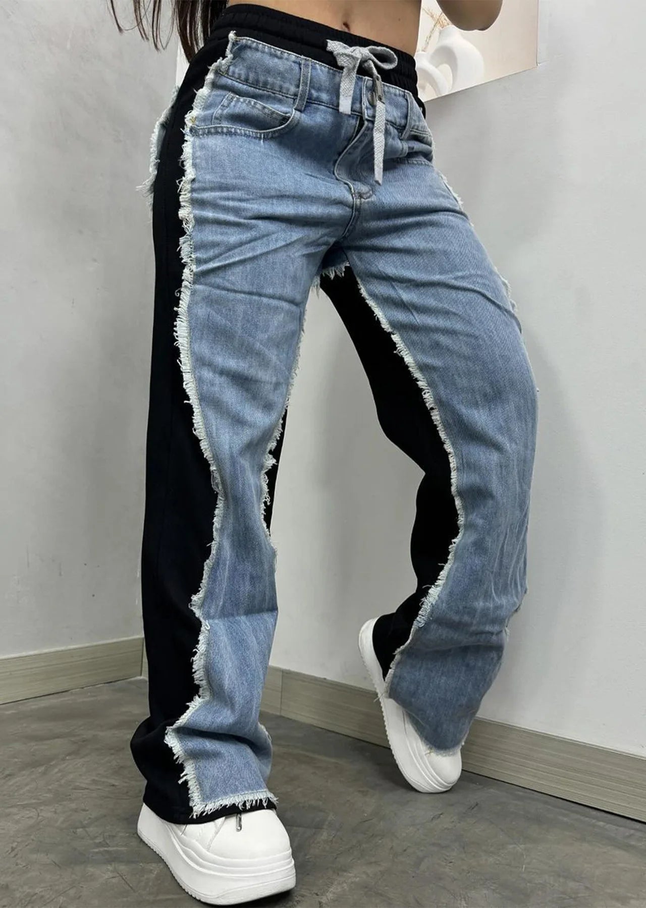 Drawstring Wide Leg Denim Jogger Pants