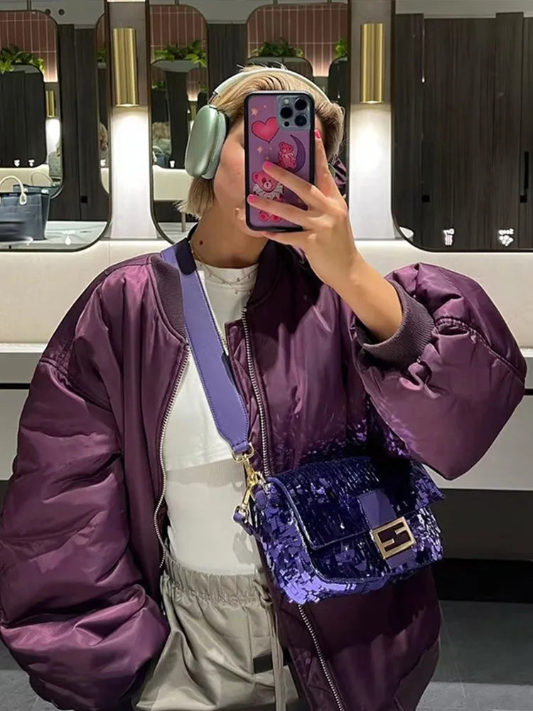 Retro Oversized Solid Zipper Casual Loose Bomber Jacket