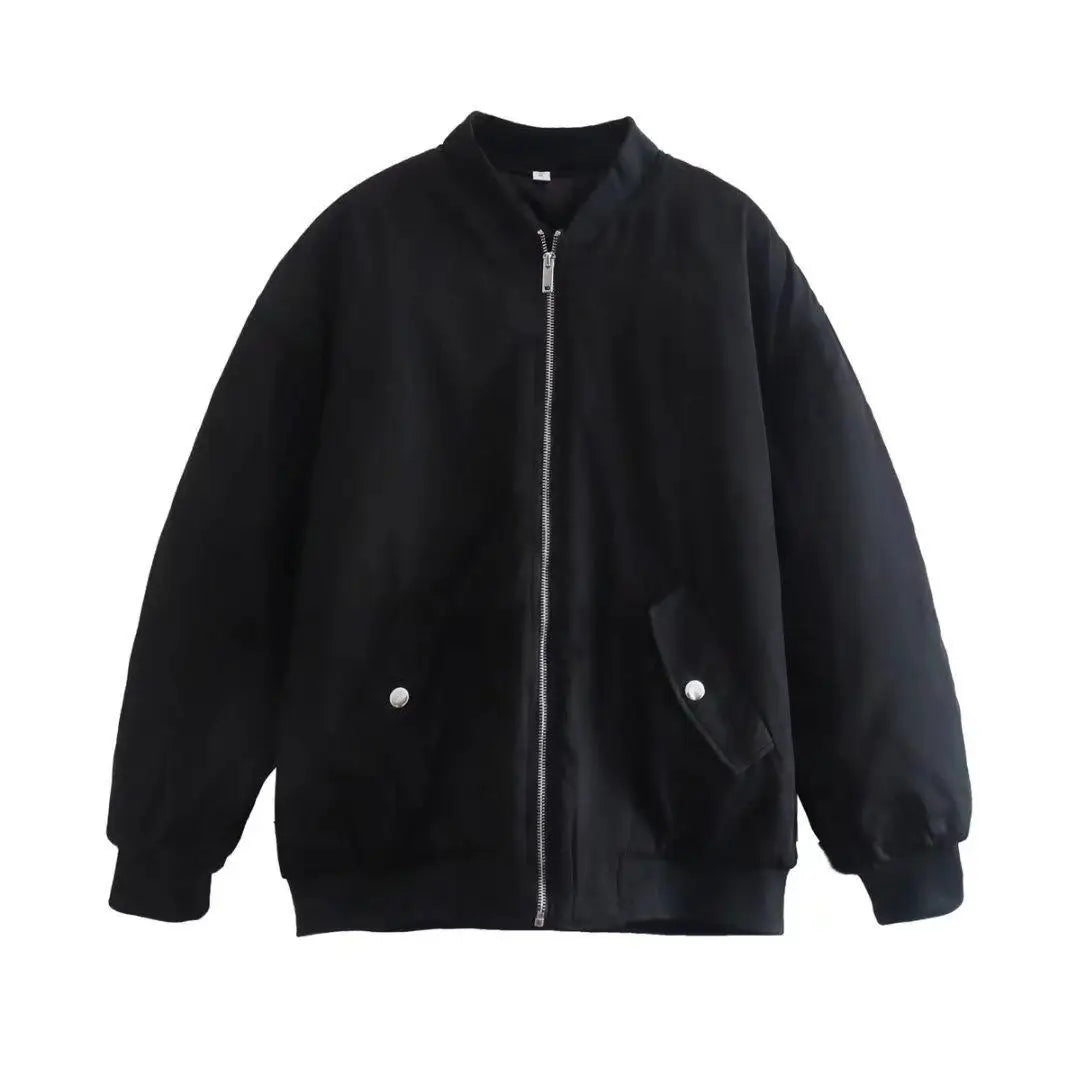 Retro Oversized Solid Zipper Casual Loose Bomber Jacket