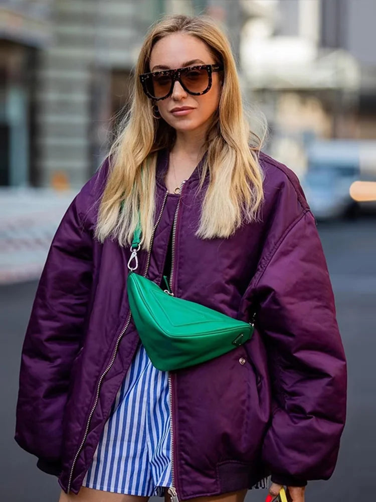 Retro Oversized Solid Zipper Casual Loose Bomber Jacket