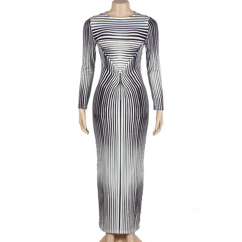 Oshfall O-Collar Long Sleeved Stripe Print Dress