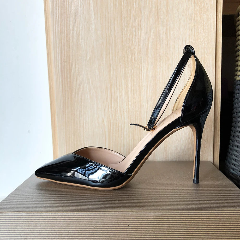V Cut Glosssy Black Pointy Toe Ankle Strap Heels