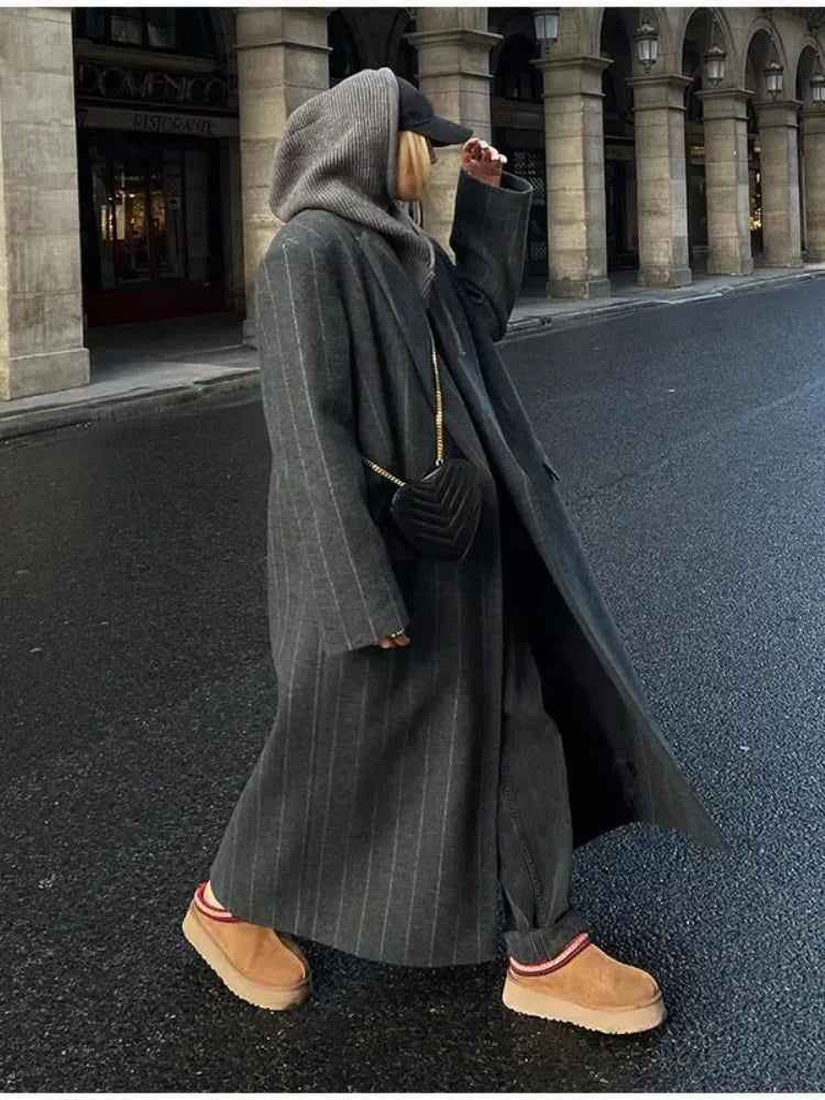 Casual Pinstriped Lapel Overcoat