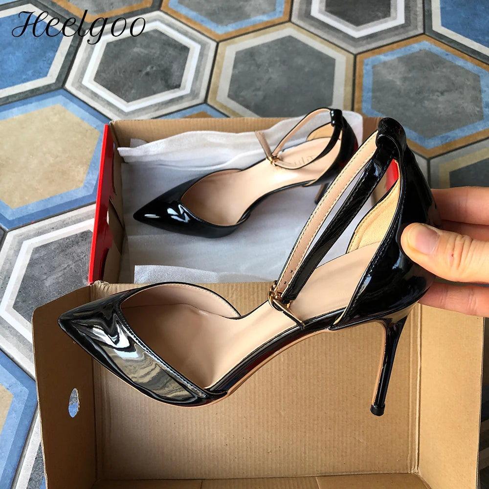 V Cut Glosssy Black Pointy Toe Ankle Strap Heels