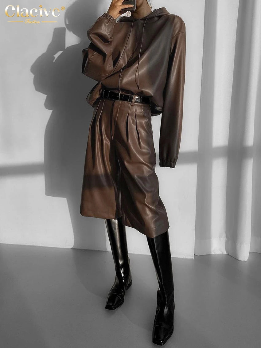 Hooded Brown Pu Leather Pants Set