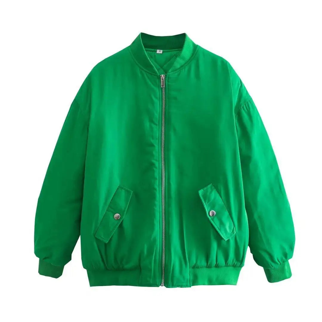 Retro Oversized Solid Zipper Casual Loose Bomber Jacket