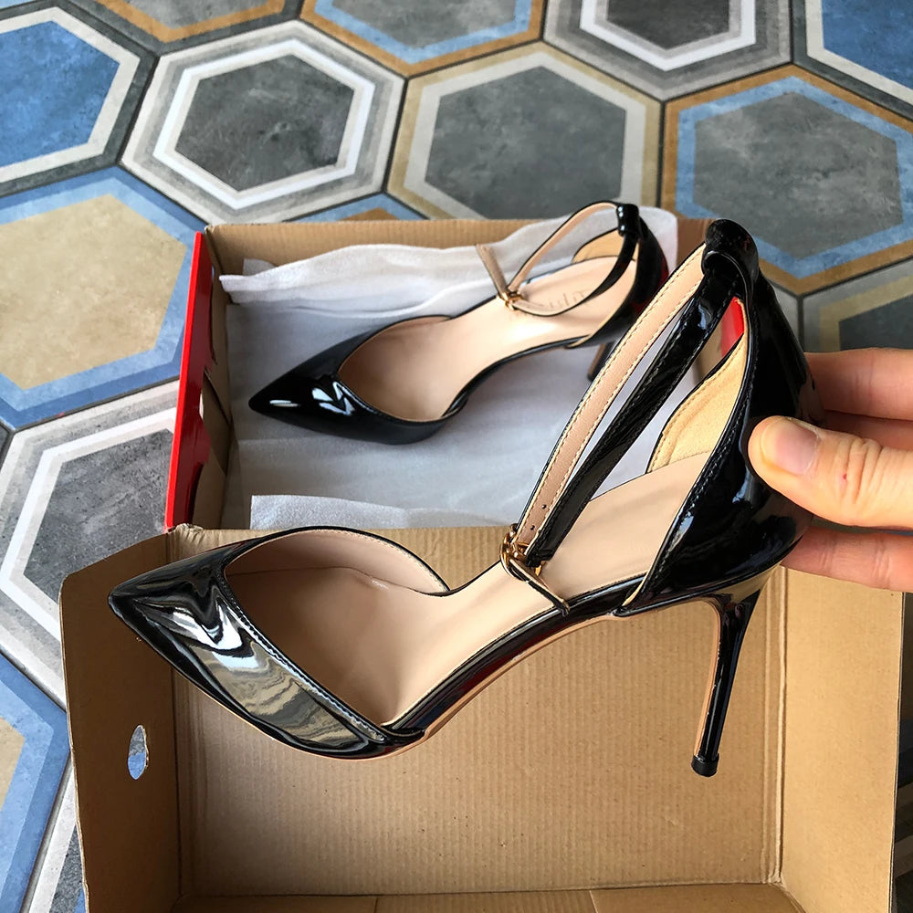 V Cut Glosssy Black Pointy Toe Ankle Strap Heels