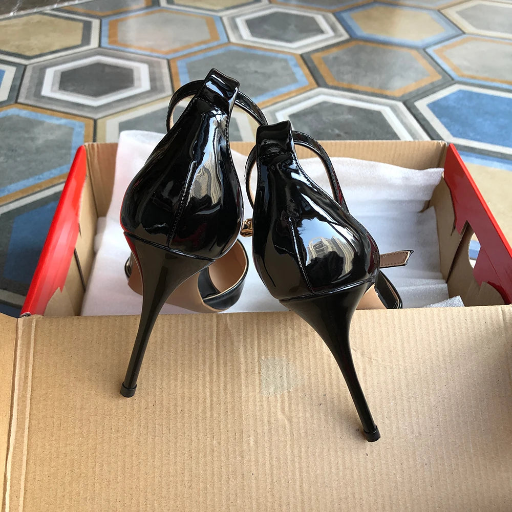 V Cut Glosssy Black Pointy Toe Ankle Strap Heels