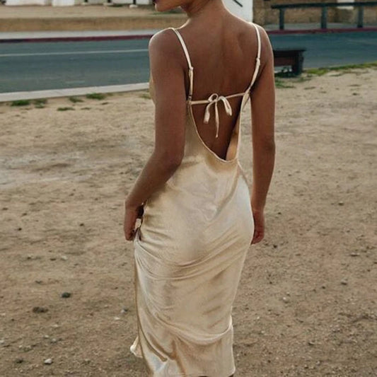 Vintage Boho Satin Spaghetti Strap Dress
