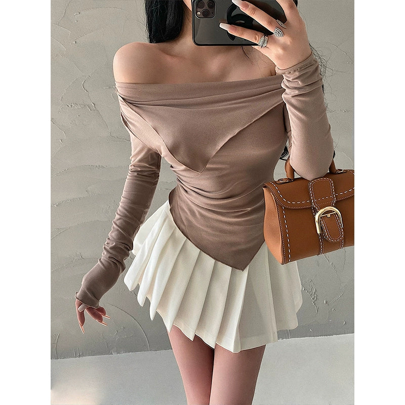 Cuffed off-Shoulder Slim Long Sleeve Top