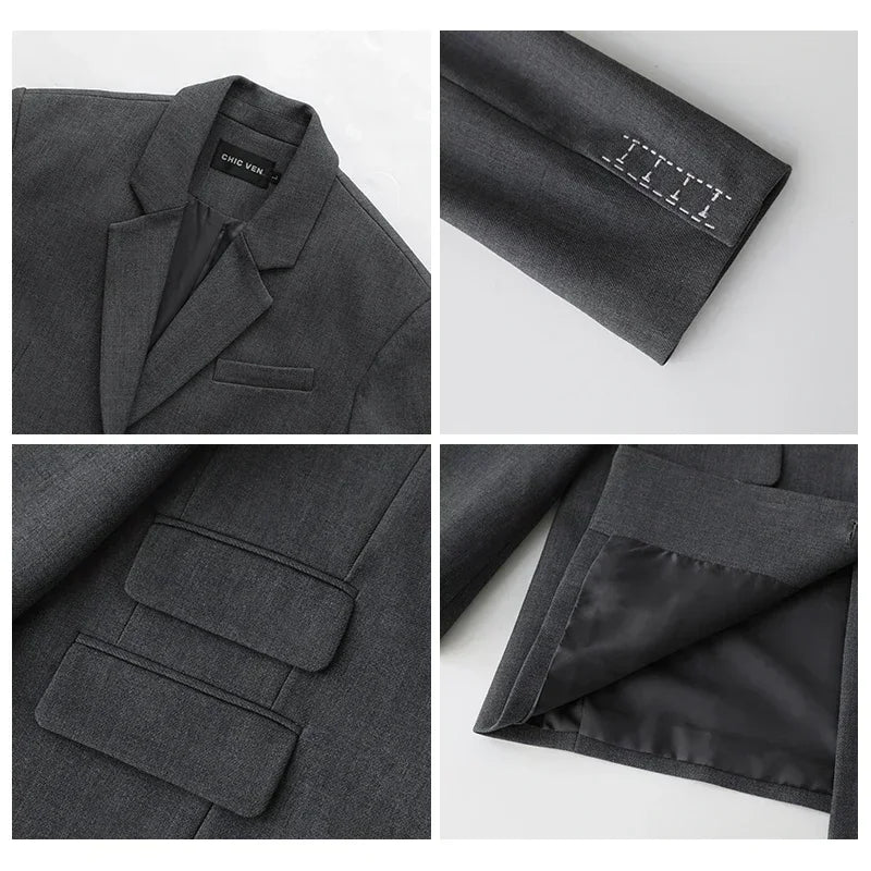 Boring Wide Shoulder Embroidery Cuff Blazer